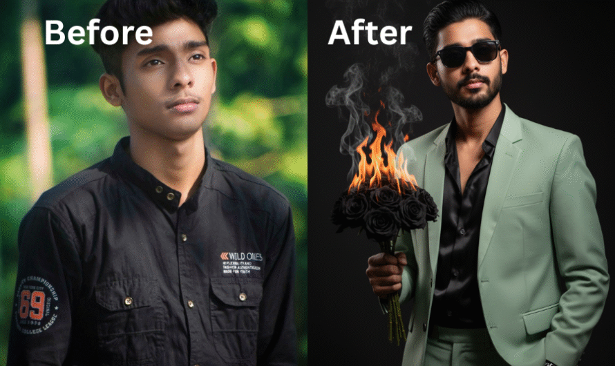 🔥 Photorealistic AI Portrait – Stylish Man with Black Roses in Flames