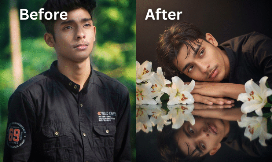 🌸 Dreamy Ultra-Realistic Portrait – Artistic Reflection Beside White Lilies