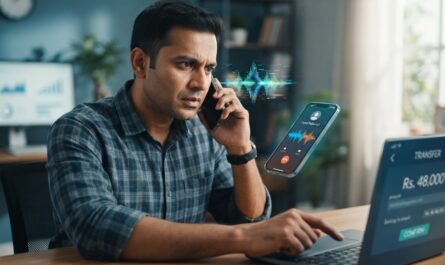 AI voice scam warning with smartphone audio waveform and verification concept