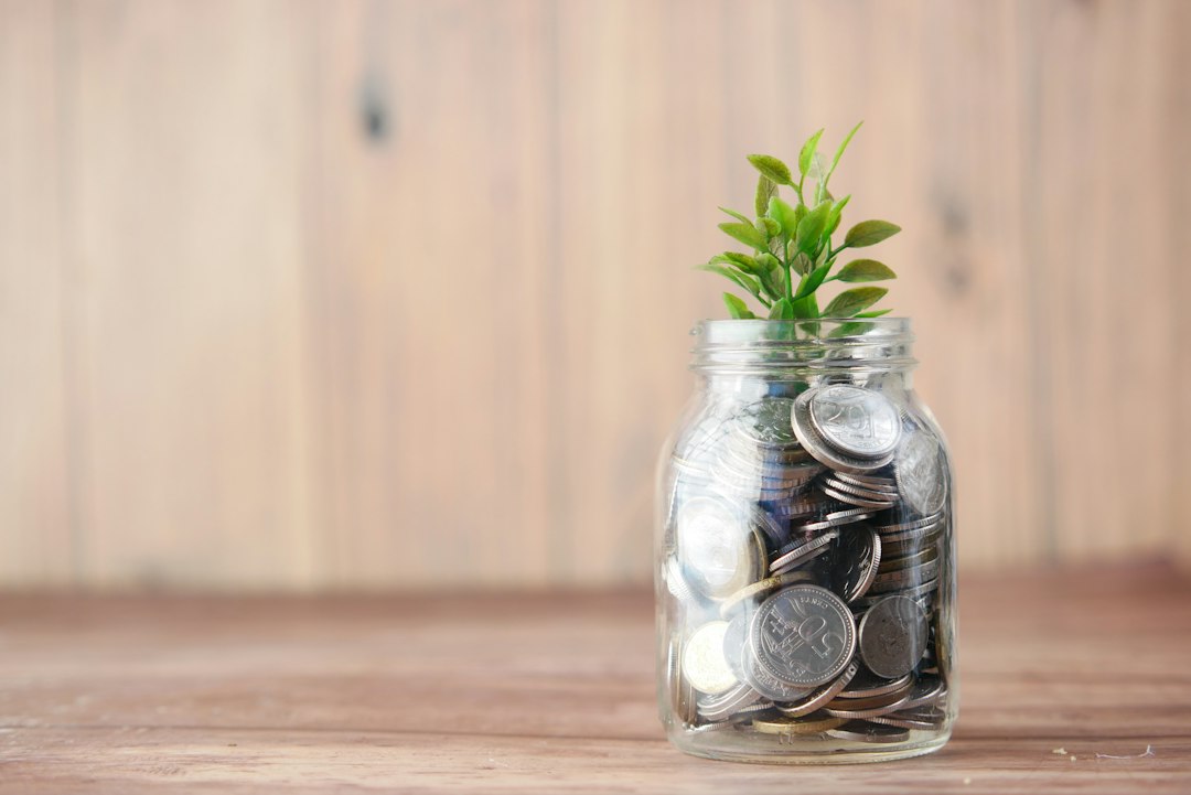 Glass savings jar with coins and a growing plant representing sweep deposits