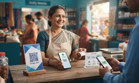 Indian merchant accepting a UPI payment with a digital payment fee concept