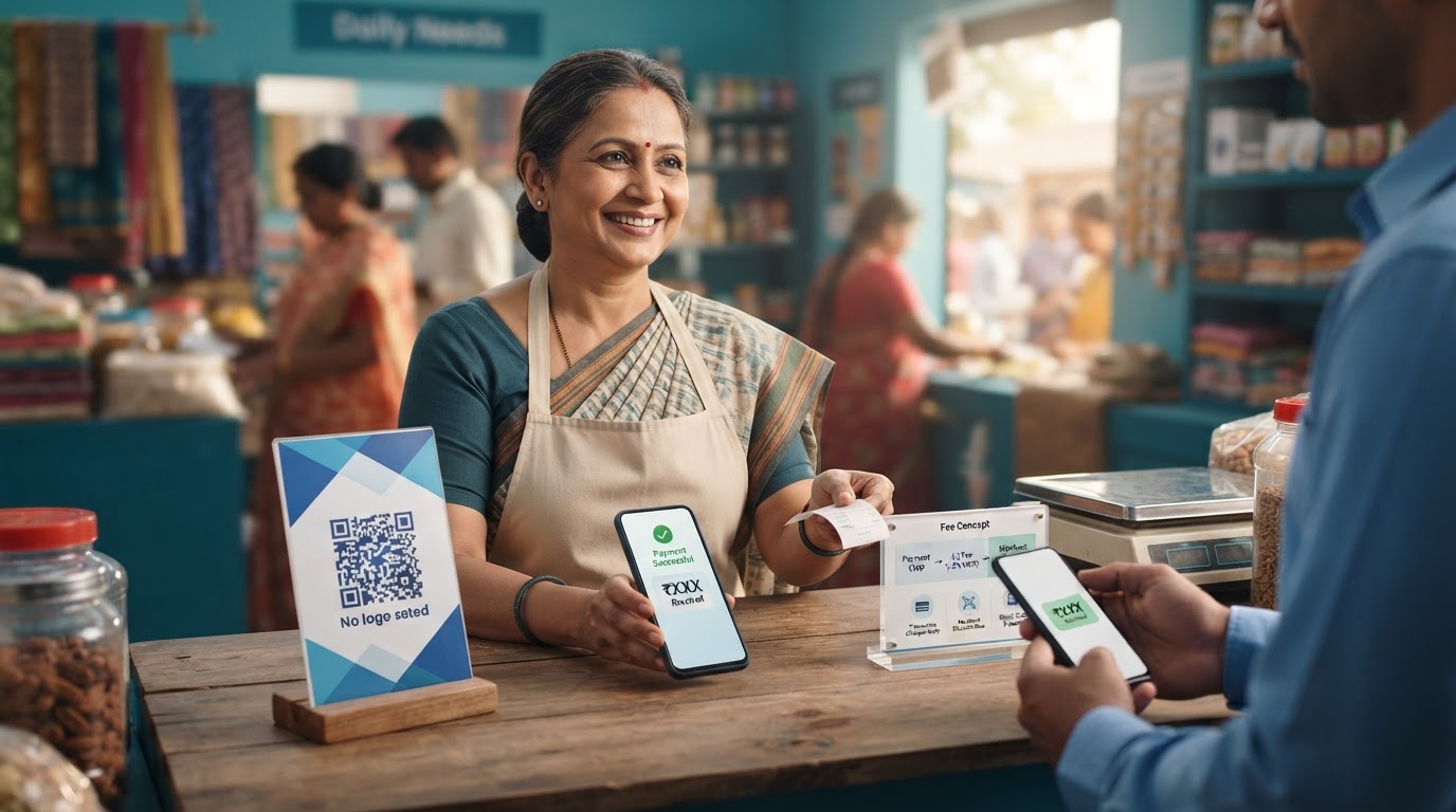 Indian merchant accepting a UPI payment with a digital payment fee concept